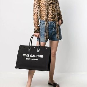 Saint Laurent Black Rive Gauche Canvas Tote with White Logo